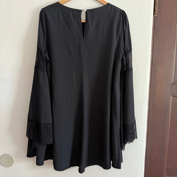 MEGHAN FABULOUS | Black Bell Sleeve Lace Trim Mini Trapeze Dress | Large - Picture 2 of 7